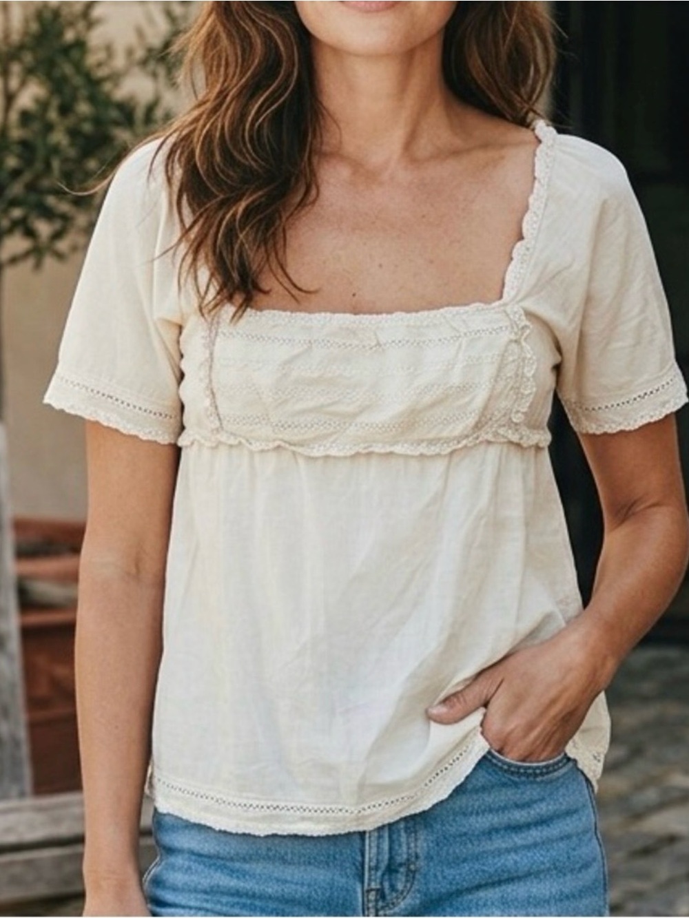 Xhilaration Boho Eyelet Babydoll Cream Top, Vintage, Size Large, EUC!